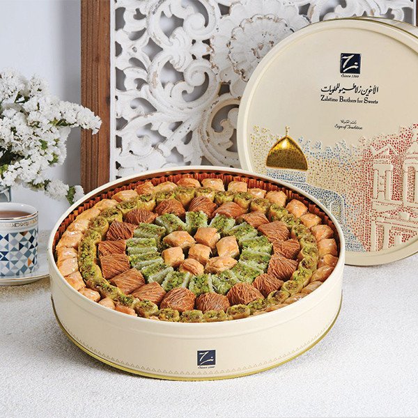 Assorted baklava (baklawa) with pistachio and burma rolls in decorative tin – handcrafted by Zalatimo Brothers