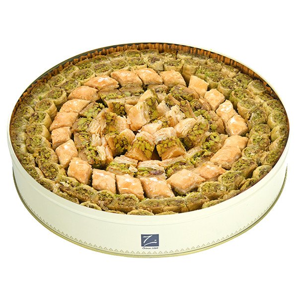 Sugar-free baklava assortment (baklawa) by Zalatimo Brothers – pistachio-filled sweets in round gift tin