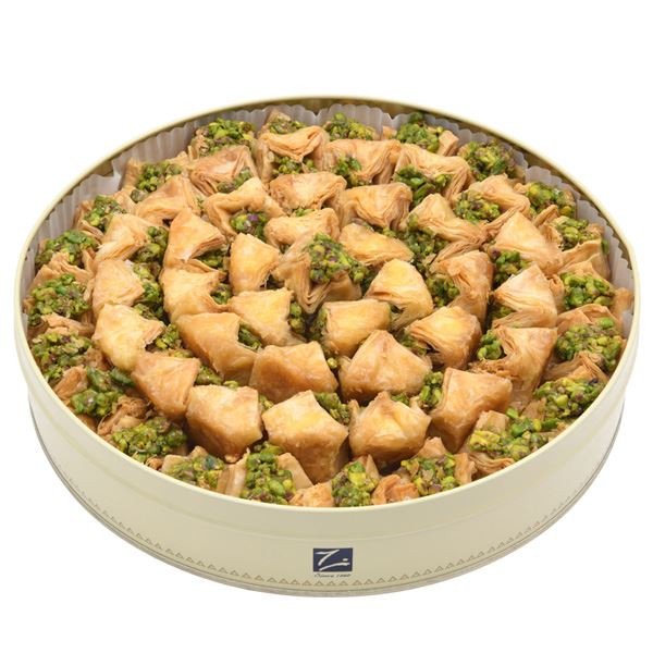 Zalatimo Boukaj baklawa – luxury baklava pastries filled with Grade A pistachios in round metal box