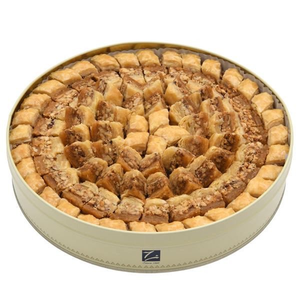 Premium pine nut baklava (baklawa) in a round tin – artisan Middle Eastern dessert by Zalatimo Brothers