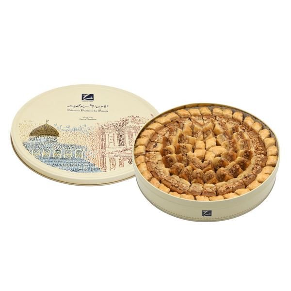 Zalatimo Brothers’ baklava with mixed nuts – layered dessert filled with pine nuts in decorative gift packaging