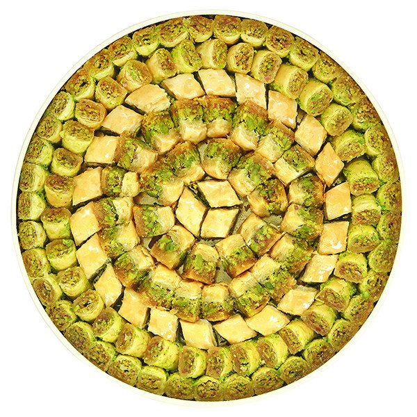 Close-up of Zalatimo’s Wadi Rum Baklava (Baklawa) – handmade layers with A-grade pistachios