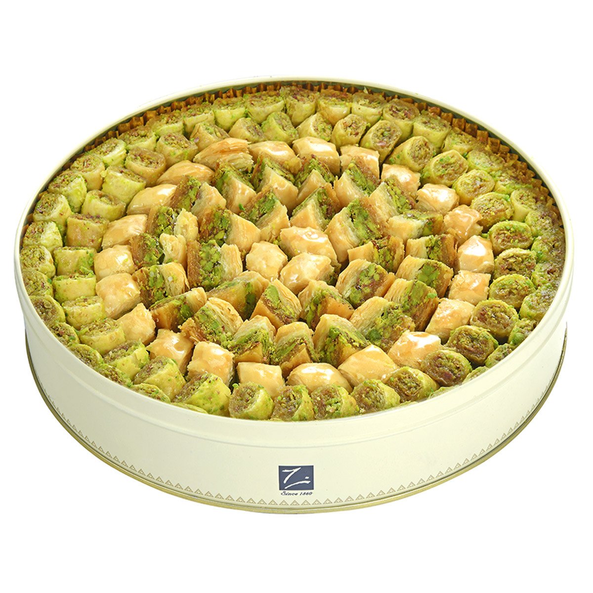 Wadi Rum Baklava Assortment (Baklawa) by Zalatimo Brothers – premium pistachio rolls in decorative round tin