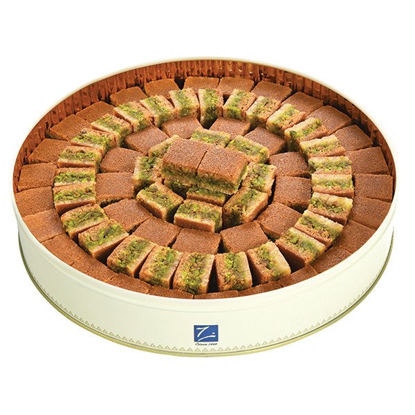 Basmeh with pistachios by Zalatimo Brothers – layered kenafeh sweets in round gift tin