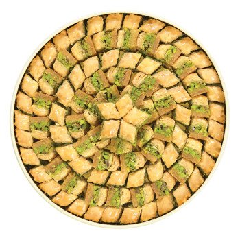 بقلاوة بالفستق من الأخوين زلاطيمو – طبقات مقرمشة ذهبية في علبة دائرية أنيقة للهدايا