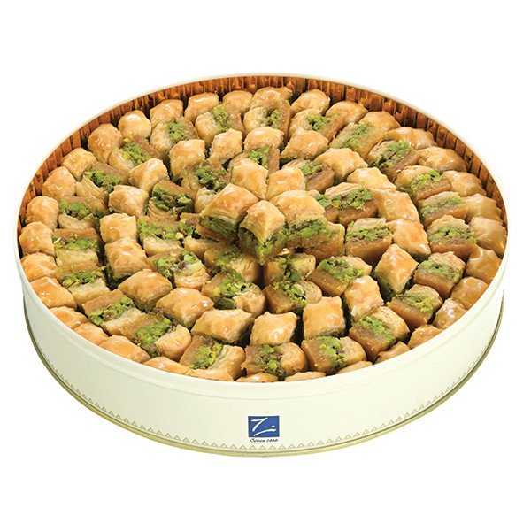 Baklava with pistachios (baklawa) by Zalatimo Brothers – golden crisp layers in a round gift tin