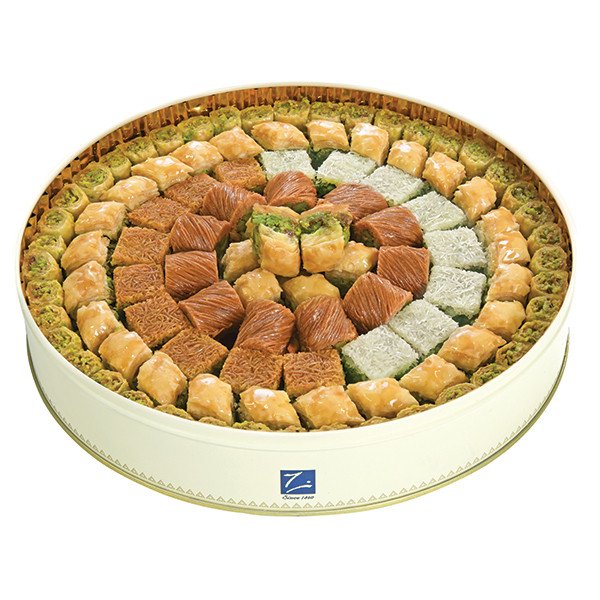 Zahret Al Madaen Baklava (Baklawa - Pistachio Baklava) in luxury gift tin - handmade by Zalatimo Brothers