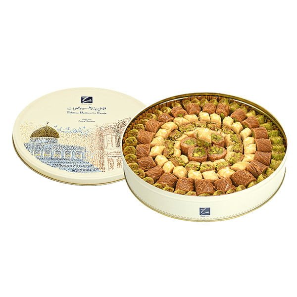 Top view of classical baklava (baklawa) in luxury tin - Zalatimo Brothers